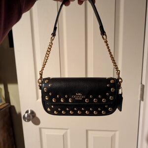 Coach Black Leather Studded Shoulder Bag with Gold Hardware